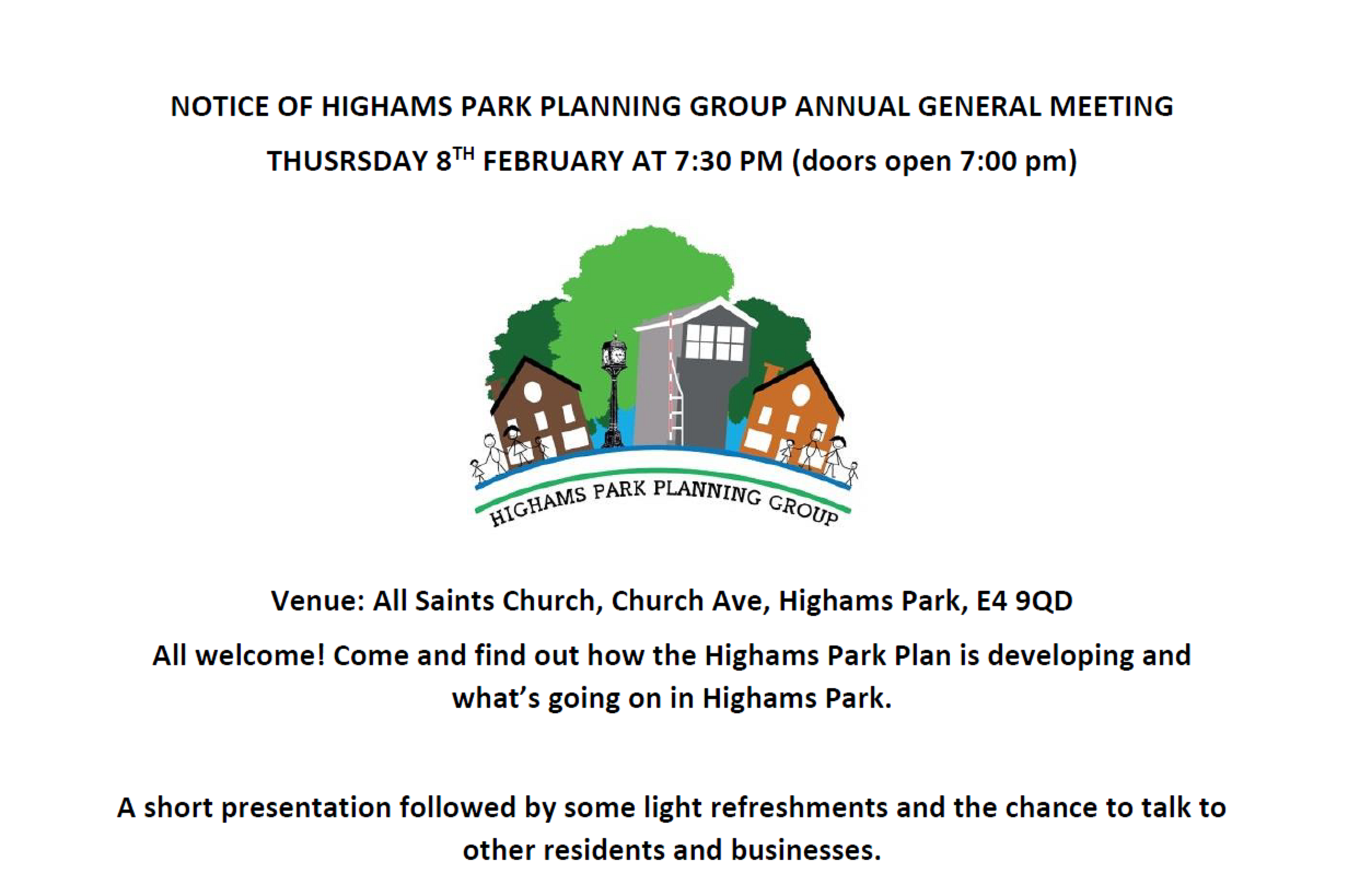 The HPPG Annual General Meeting is on 8th February  at 7:30 pm at All Saints Church E4 9QD