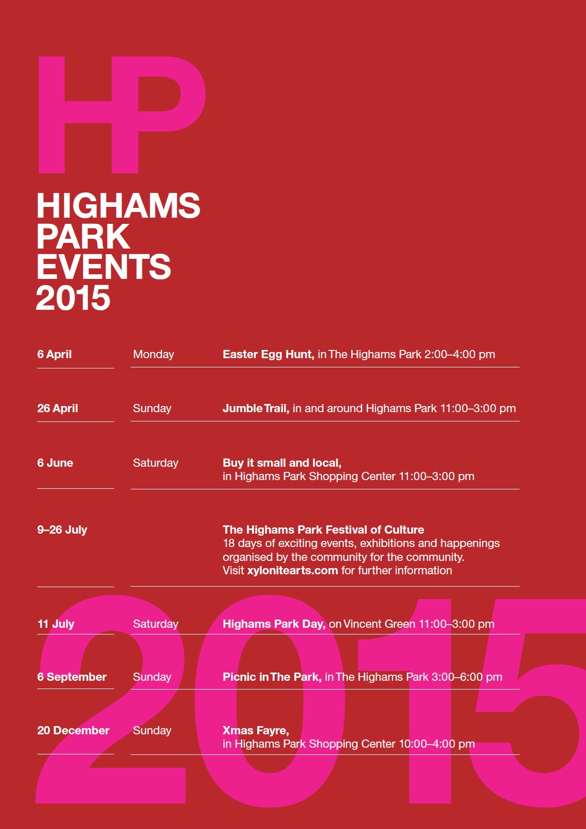 Headline Events Calendar for  Highams Park in 2015